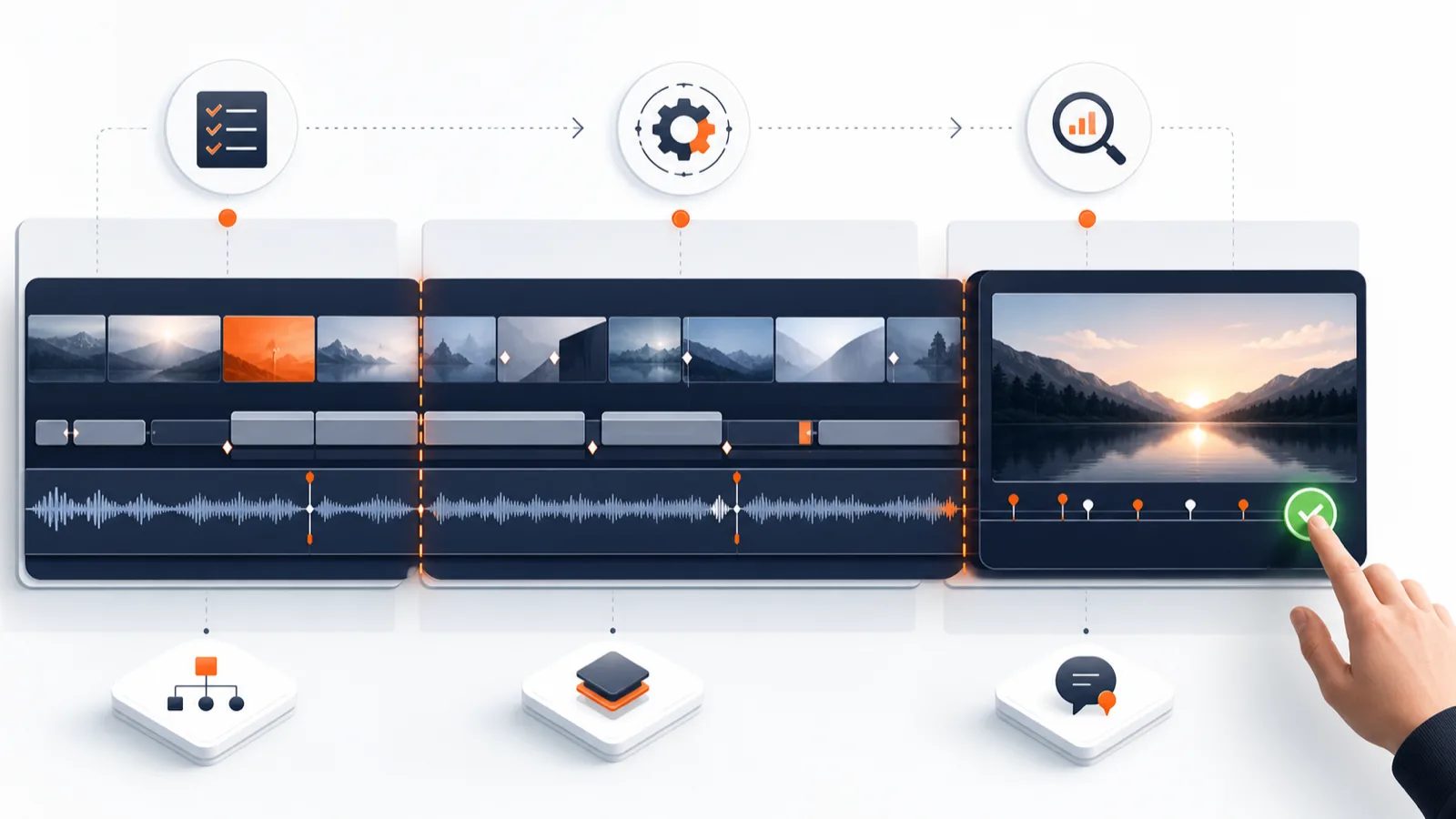 Illustration of a video timeline moving through planning, execution, and human review stages