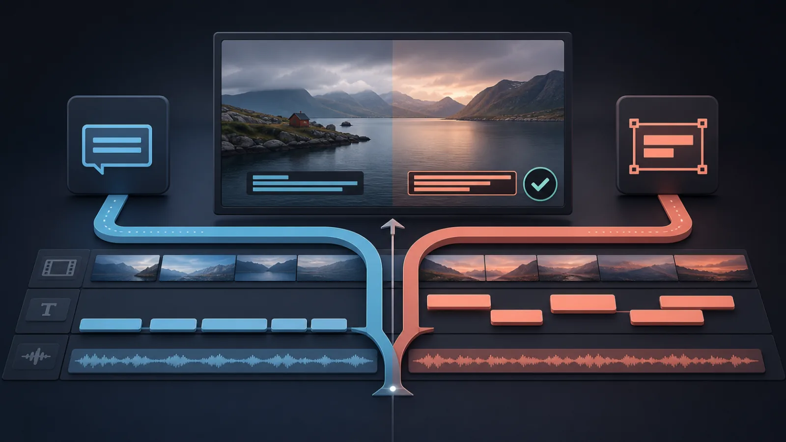 Illustration comparing a native subtitle track with designed Text+ caption clips on a video editing timeline