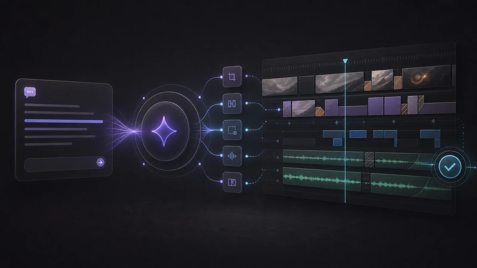 An editor's request passing through an AI agent into a DaVinci Resolve timeline