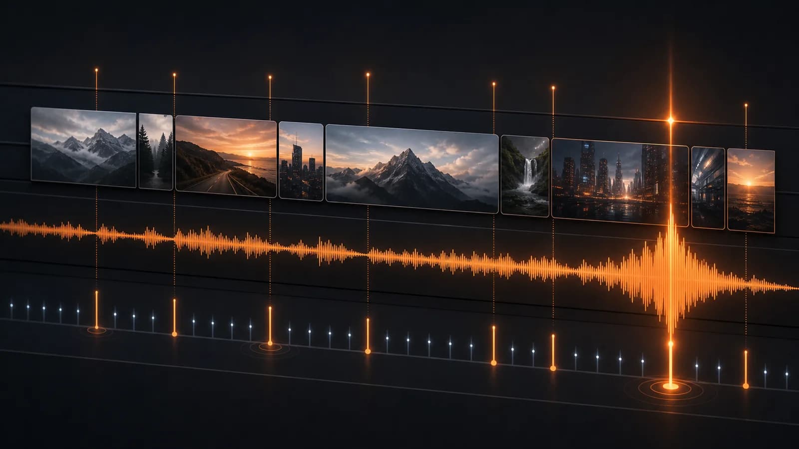 Editing timeline with varied clip lengths aligned to selected strong points in an orange music waveform