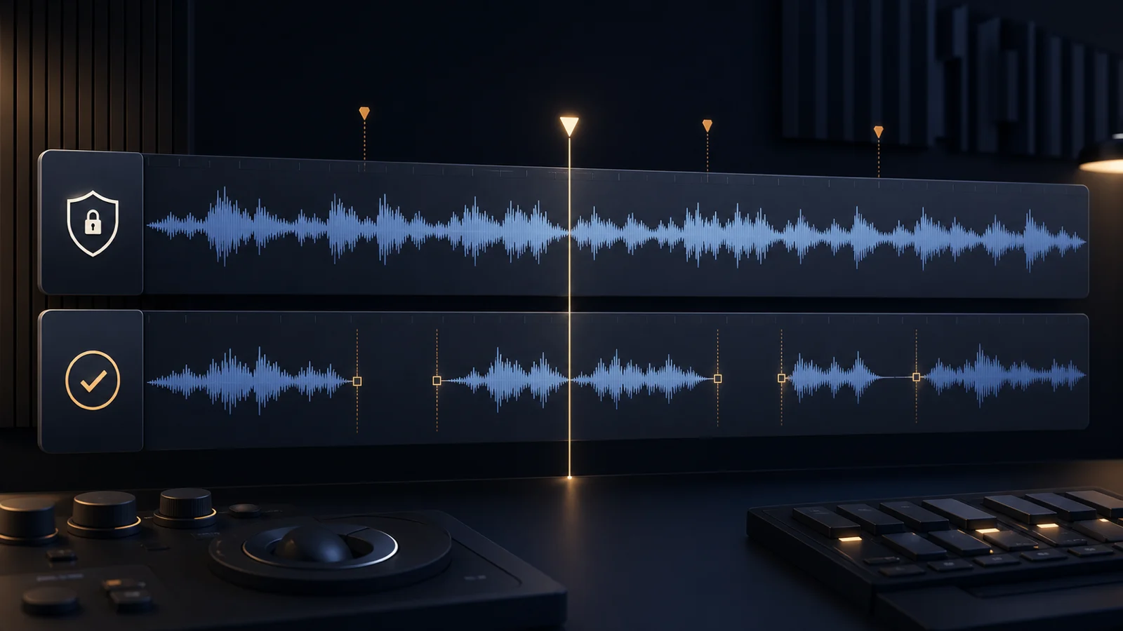 Illustration comparing a protected source waveform with a separate reviewed timeline where long silent gaps have been removed