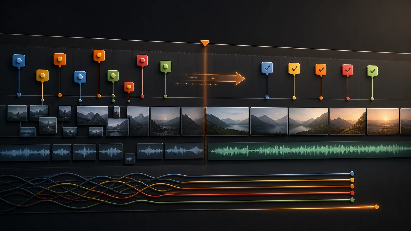 Video timeline changing from scattered colored review markers into an ordered checked queue