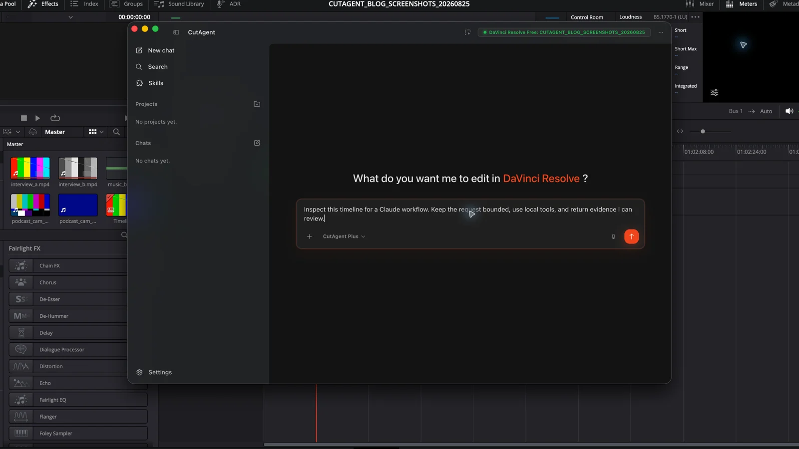 CutAgent with a draft bounded Claude workflow request over a DaVinci Resolve test timeline