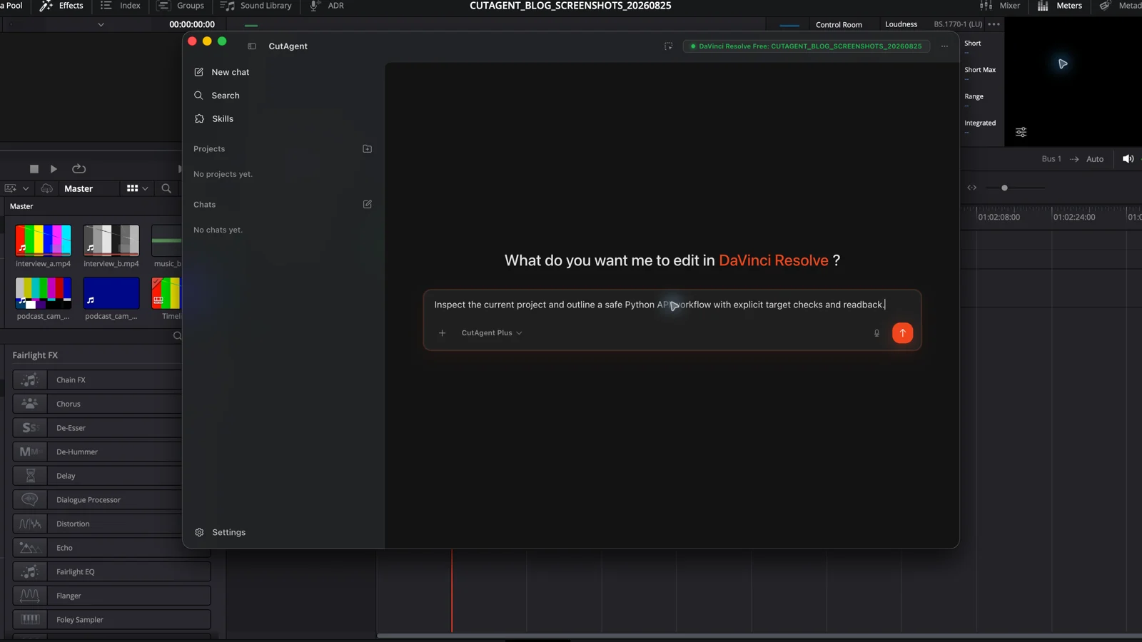 CutAgent with a draft Python API inspection request over a DaVinci Resolve test timeline
