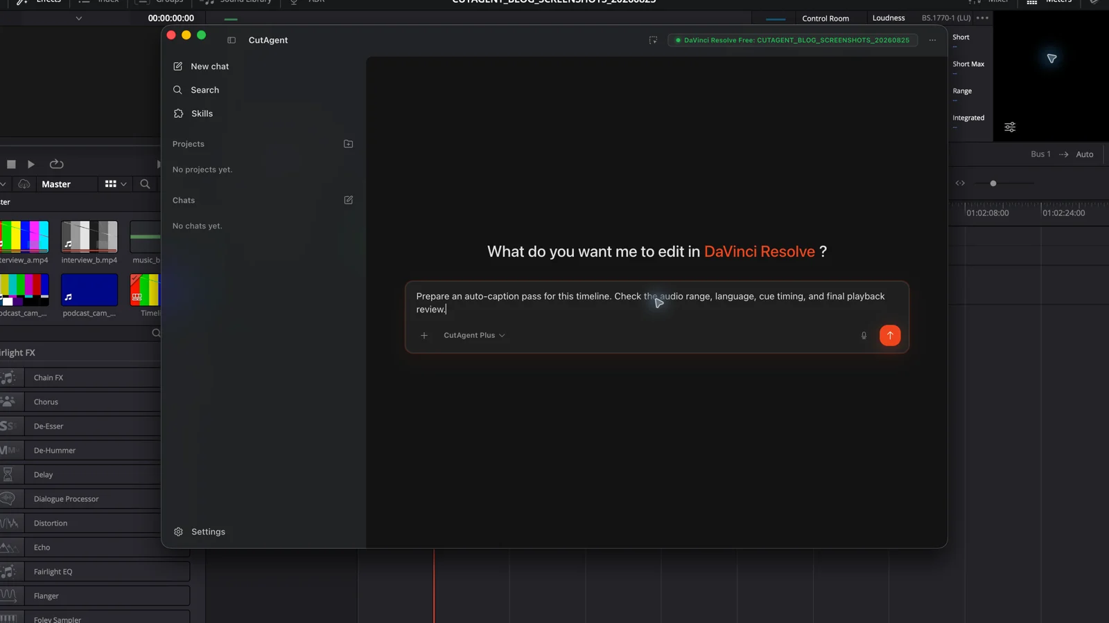CutAgent draft prompt requesting audio-range, language, cue-timing, and playback checks for auto captions