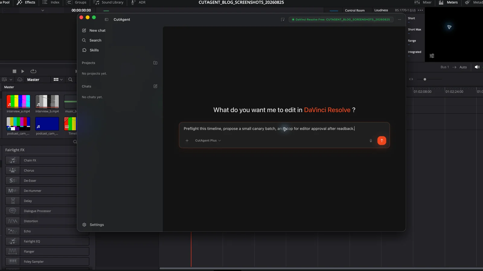 CutAgent with a draft controlled automation request over a dedicated DaVinci Resolve test timeline