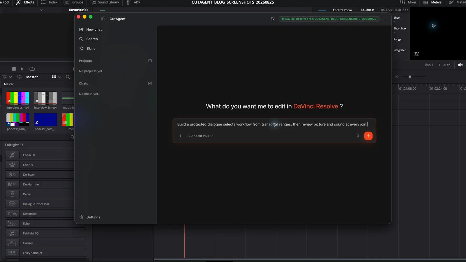 CutAgent with a draft text-based dialogue editing request over a DaVinci Resolve test timeline