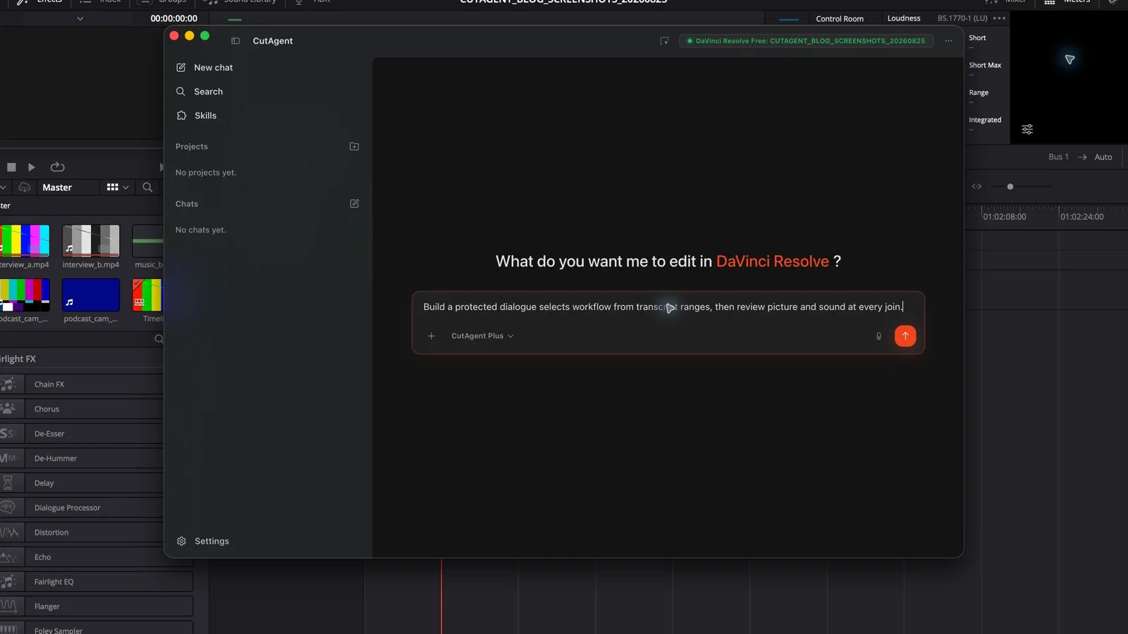 CutAgent draft prompt requesting protected transcript selects and picture-and-sound review at every join