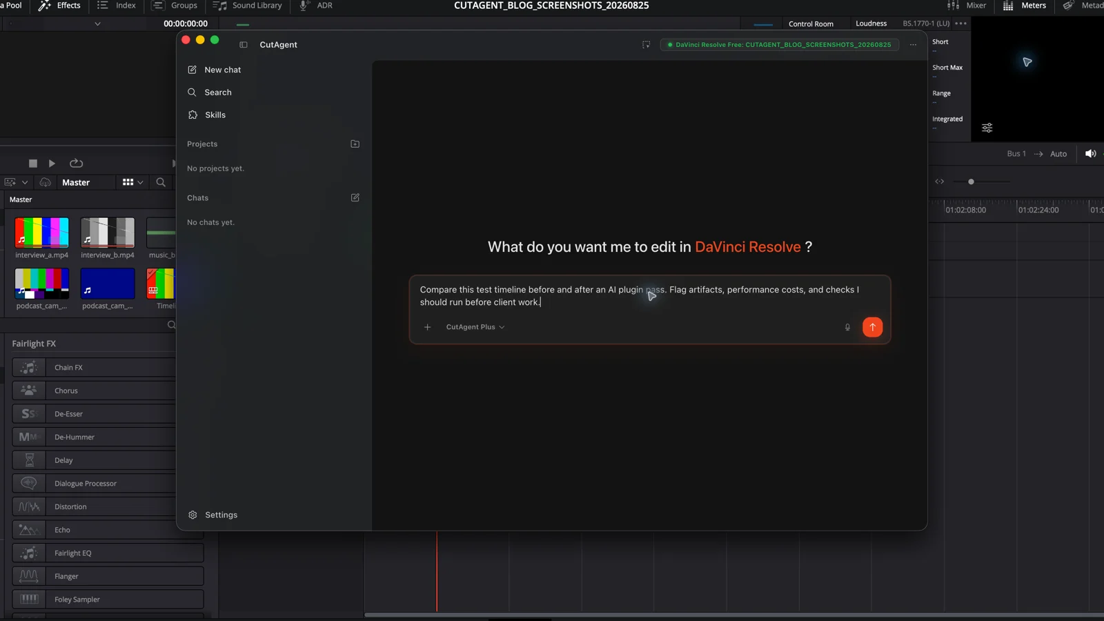 CutAgent with a draft AI plugin comparison request over a dedicated DaVinci Resolve test timeline